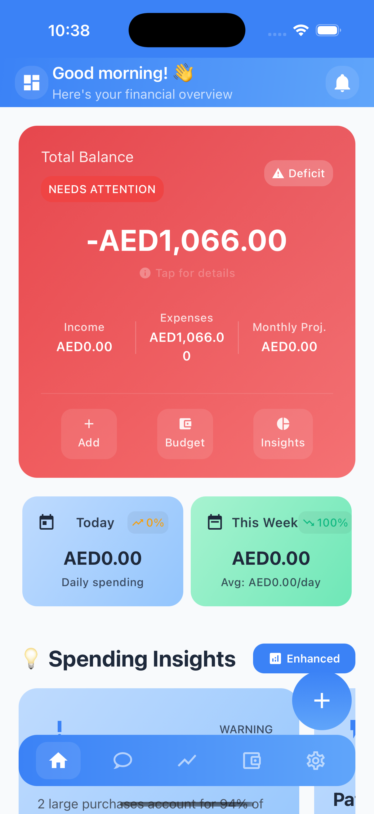 Smart Expense App Dashboard showing financial overview and spending insights